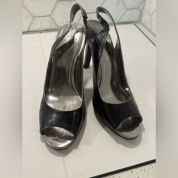 Enzo Angiolini Black Crocodile Leather Peep Toe Slingbacks Size 7.5 Heel - Picture 2 of 10